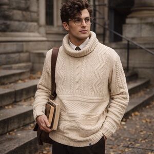 Peregrine 100% Wool Mens Large Cream Turtleneck Sweater Pockets England Academia